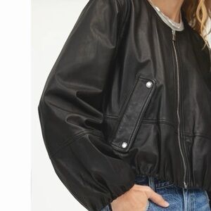 Leather Bubble-Sleeve Jacket true black 100% leather